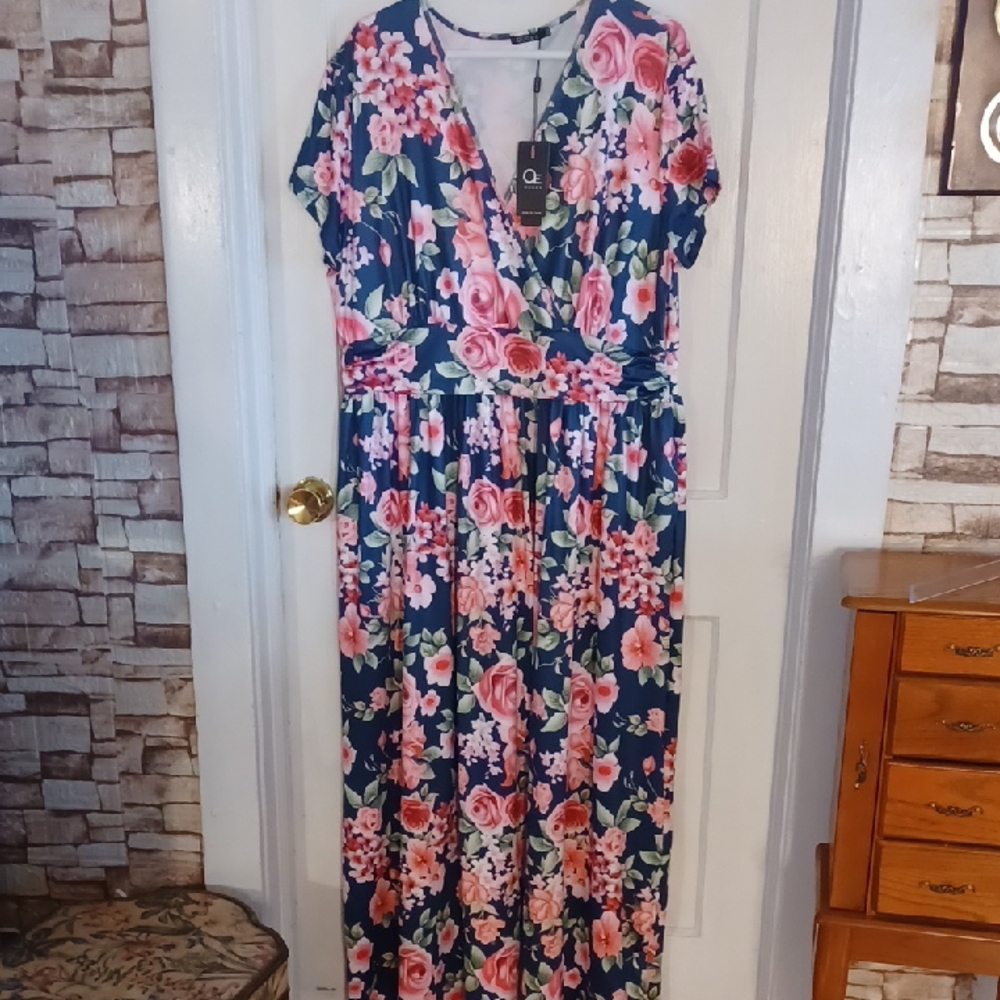 Chic Navy and Pink Floral Maxi Dress 3xlarge OUGES